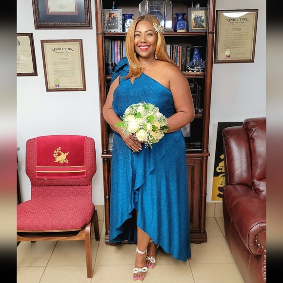 Womens 3D Flower One Shoulder Prom Formal Wedding Shiny Teal Blue - Picture 2 of 7